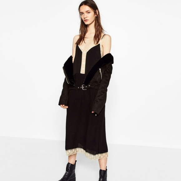 NEW ZARA Black Lace Trimmed Slip Midi Dress Women's Size XS - Picture 14 of 16